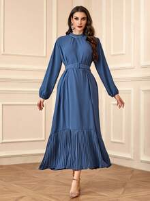 Women's Solid Color Elegant Beaded Pleated Dress, Middle Eastern/Arabic Style - Navy Blue - View 2