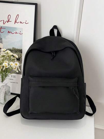 1pc Preto Moda Cor Sólida Alta Capacidade Mochila Unissex Com Compartimento Para Laptop