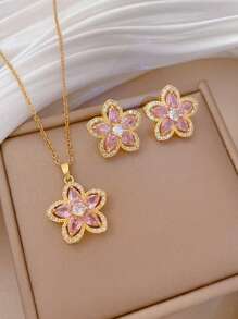 1 Set de collar y aretes de acero inoxidable con cadena y micropincelado de cobre, accesorios de joyería de lujo con rhinestones cuadrados personalizados para fiestas como regalo - Rosa - Ver 2