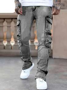 Jeans in denim con più tasche di moda semplice, adatti all'uso casual quotidiano per uomo