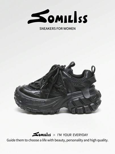 somiliss 1 Pair Women's Lace-Up Sports Casual Shoes, Slip-Resistant, Microfiber Leather & Mesh Upper, Breathable, Comfortable, Student Running Shoes, Personalized Pineapple Sole, 6cm Height Increase, Low-Top Outdoor Walking Shoes, Black, 2025 Autumn New Arrival