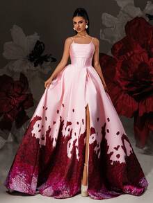 优雅的粉色细肩带长款舞会礼服，配以红色艺术渐变印花，女士舞会礼服，正式晚礼服，婚礼宾客礼服，公主奢华礼服，派对礼服 - 粉色 - 查看 4