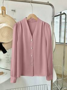 宽松春季外套，女士V领衬衫，优雅休闲商务通勤开衫，百搭可爱上衣，宽松版型建议选小一码，复古韩风 - 藕粉色 - 查看 2