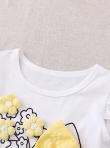 2pcs/Set Toddler Girls Casual Sweet Sleeveless T-Shirt & Floral Print Shorts Set, Suitable For Outings, Vacation, Home Gathering, Summer - Yellow - View 3