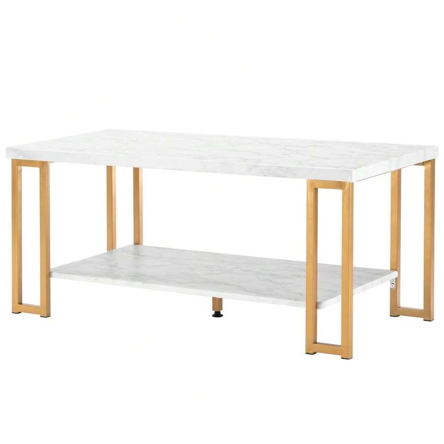 Modern Rectangle Cocktail Coffee Table Metal Leg Living Room With Shelf - Coffee Table-White - View 1