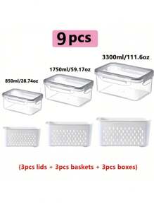 Zestaw 9-częściowy {3 pokrywki + 3 kosze + 3 pudełka} Przykryte pojemniki do przechowywania w lodówce - składane pojemniki do organizacji lodówki z tacką ociekową na owoce, warzywa i produkty suche - wielofunkcyjny system organizacji kuchni na kemping i do jadalni