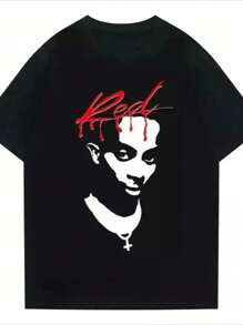 Camiseta para hombre 1Pcs 220g 100% algodón estampado digital con la imagen individual de un personaje y el título "Red" - Negro - Ver 1