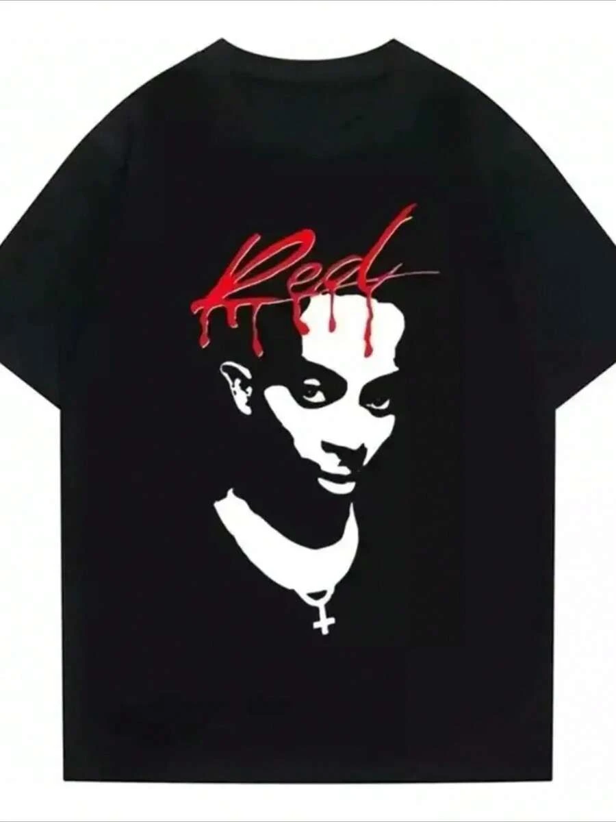 Camiseta para hombre 1Pcs 220g 100% algodón estampado digital con la imagen individual de un personaje y el título "Red" - Negro - Ver 1