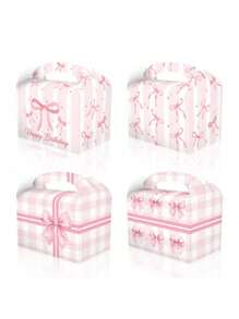 2pcs/1set Pink Bow Theme Party Gift Candy White Card Paper Handbag Gift Paper Box Cow Horn Box Rectangular Gift Gift Box Exquisite Girl Cake Dessert Afternoon Tea Packaging,Style Is Random