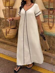 UrbanChic 大码女式时尚休闲撞色连衣裙，棉麻混纺，女士早午餐装