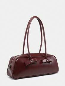 1pc Vintage Minimalist Bow Decor Large Capacity Shoulder Bowling Bag, Suitable For Date, Street, Party - Burgundy - View 2