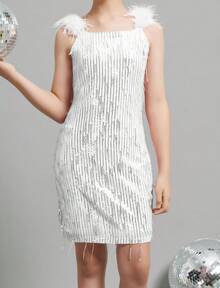 EXARUS Girls Sequin Fringe Dress Sparkling Tassel Sleeveless Bodycon/A-Line Splice Furry Strap Party Special Occasion - 銀色 - 查看 2