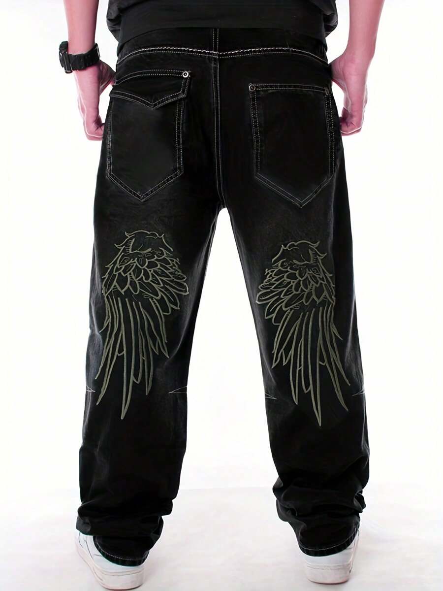 Embroidered Flared Loose High Street Casual Jeans - Black - View 1