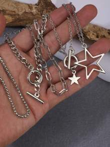 5 件 Y2K 复古哥特式朋克摇滚风格星形多层项链，女士百搭朋克星形颈链套装 - 銀色 - 查看 3