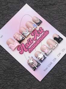 10 件/套手工 Y2K 按压式美甲，带法式指尖、蛇纹、蝴蝶结、花朵、水钻、星星设计，适合派对、婚礼、日常穿着，包括工具，是送给女士和女孩的绝佳礼物 - 黑與白 - 查看 2