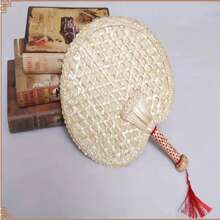 1pc Handmade Round Straw Fan - Summer Cooling Woven Cattail Leaf With Red Tassels, Natural Wheat Straw Material, Intricate Weaving Pattern For Home Decor Or Personal Use, Decorative Fan | Exquisite Weaving Design | Woven Handle