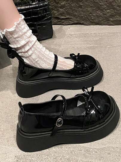 新款女式舒适优雅时尚可爱百搭蝴蝶结玛丽珍厚底高跟鞋，春夏