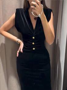 conciso 优雅夏季女士天鹅绒 V 领无袖拉链垫肩俱乐部派对礼服