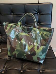 Bolso de moda para mujer, bolso de tote transparente de PVC con diseño de estampado de camuflaje y bloqueo de color, bolso impermeable para mujer, gran capacidad para ocio, vacaciones y playa, estilo informal, gran capacidad, correa de hombro fija, cierre a presión, forro de poliéster, diseño de estampado aleatorio, adecuado para el trabajo y el transporte.