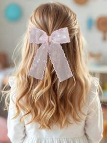 2 件装粉色薄纱发饰，适合女孩，闪亮花朵印花蝴蝶结鳄鱼夹，优雅珍珠水钻发夹，春假女孩发夹，儿童发饰 - 粉色 - 查看 2