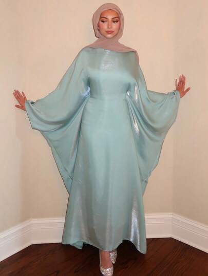 1 件女式束腰蝴蝶印花雪纺长袍，飘逸的珠光设计，精致闪亮的缎面长袍，修身腰部修身廓形，时尚优雅的纯色长裙/Abaya，适合日常、派对、节日场合，端庄