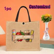 Regalo personalizado para maestros con impresión de nombre personalizado | Conjunto de bolsa de compras reutilizable de lino caqui y yute, y billetera | Detalles en metal negro para la Semana de la Enfermera/Día de la Madre/Apreciación a Maestros | Bolso multiuso para la playa y organizador de viaje