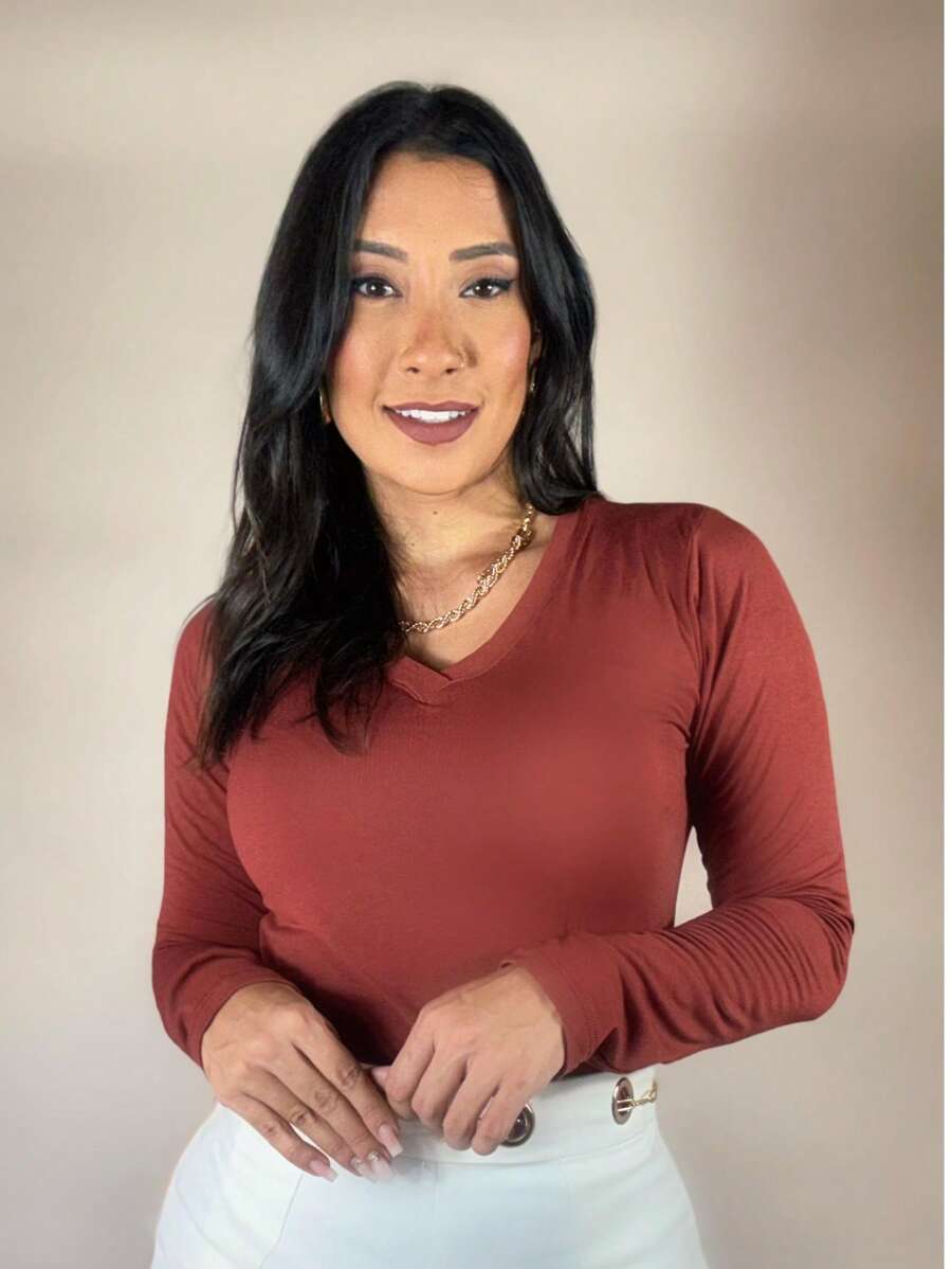 Basic Blouse - Long Sleeve V-Neck - Second Skin - Mid-Season - Mocha Brown - View 1