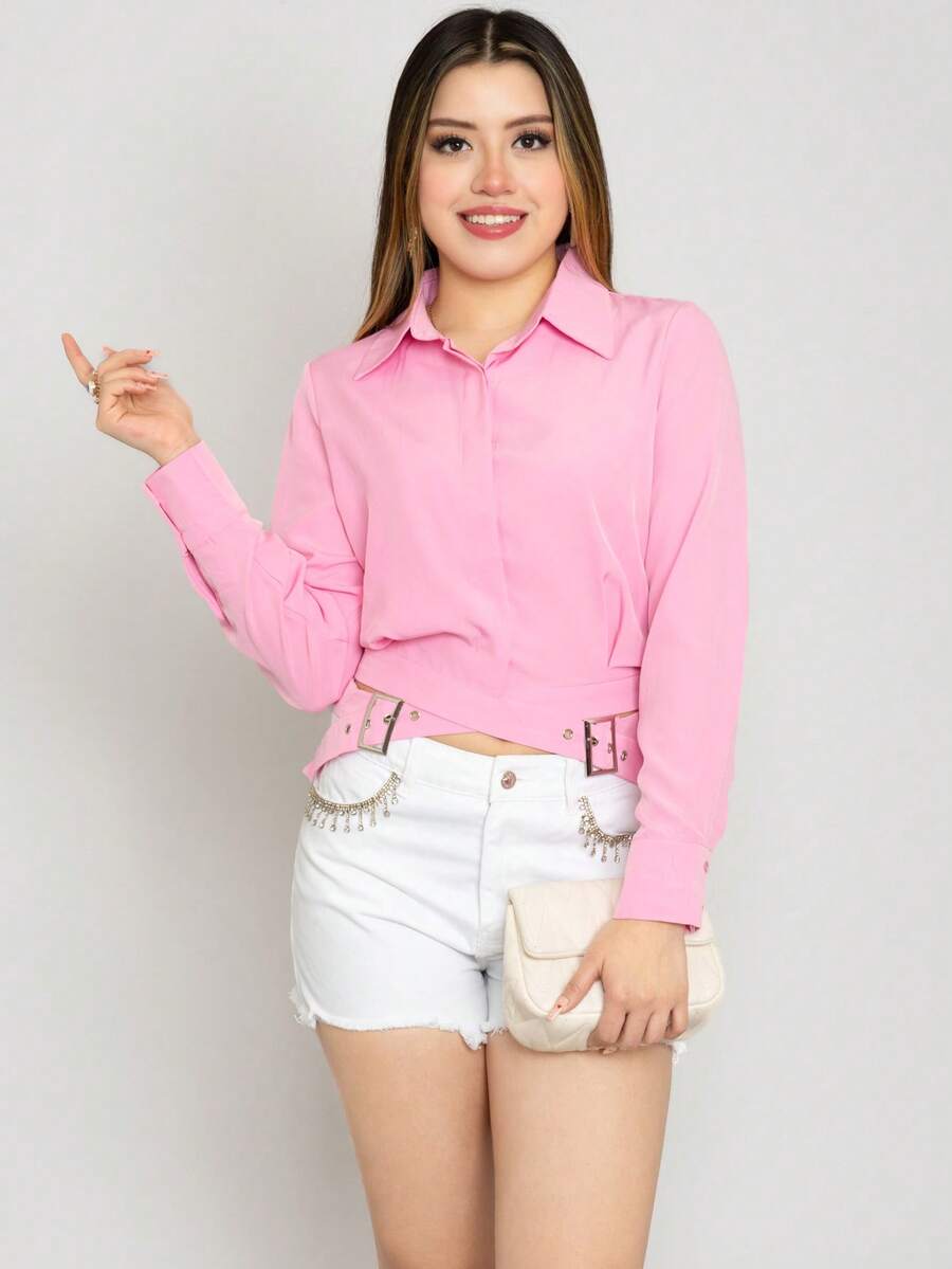 Camisa holgada lisa para dama con cinturones de moda casual - Rosa - Ver 1
