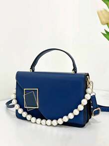 Mini Woven Chain Decor Flap Black Lock Handbag For Women, Portable Shoulder Crossbody Bag Suitable For Office, Shopping, Travel - Blue - View 1