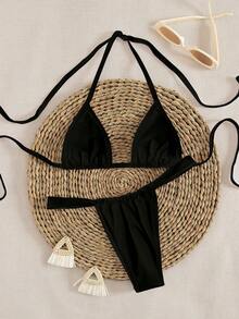 全新纯色吊带系带优雅性感派对微三角比基尼套装，夏季海滩时尚女士比基尼 - 黑色 - 查看 2
