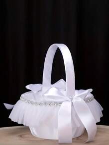 1 pieza Canasto de niña de las flores de satén y encaje para ceremonias de boda, elegantes cestas de flores blancas con decoraciones de piroxeno para fiestas nupciales, regalos de cumpleaños de verano, útiles escolares y decoración de habitaciones