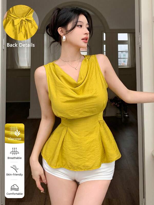 abyoxi Gelbes sexy T-Shirt mit drapiertem Ausschnitt, ärmellos, mit Volantbesatz am Saum, Gürtel in Taillengröße, aus strukturiertem Gewebe, Lässig-Outfits für den Alltag, Ausgang, Urlaubsmode am Strand, Frühjahr und Sommer, neue Damen Bekleidung