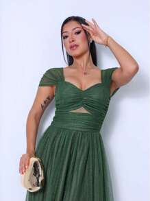Shiny Bridesmaid Dress With Slit At The Waist - Olive Green - View 2