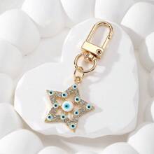 1pc Unisex Rhinestone Eye Design Hollow Five-Pointed Star Keychain, Alloy Vintage Decor Keyring, Fashion Bag Accessories