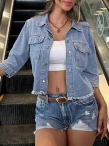 Women's Casual Fringed Denim Jacket With Buttons, Edging, And Pockets, Casual And Fashionable - Ánh sáng - Xem 1