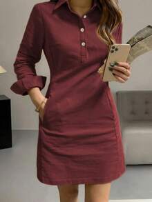 Mùa xuân và mùa thu phong cách mới thời trang giản dị ve áo nút trang trí tay dài váy ngắn cho phụ nữ - Màu đỏ tím - Xem 6