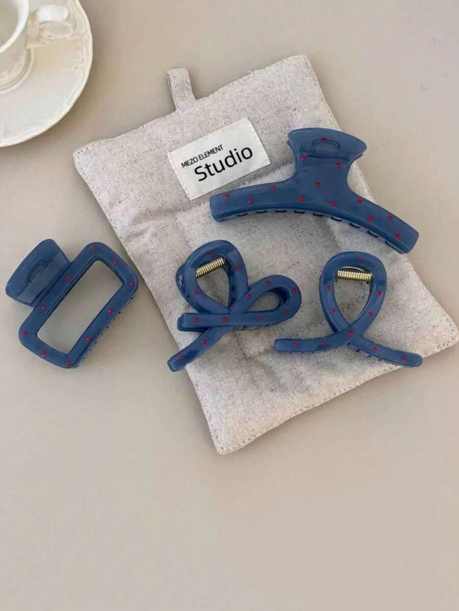 2 piezas/4 piezas Pinza de pelo de mujer con lunares azules, accesorios de pelo acrílicos elegantes y versátiles para todo el año, pinzas de pelo, pasador de pelo, clip de pelo para vacaciones y atuendos de mujer - Azul - Ver 1