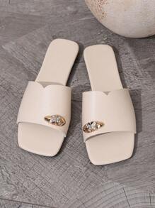 Women's Solid Color Slip-On Flat Sandals, Outdoor Square Toe Non-Slip Metal Stud Buckle Summer Slippers, Minimalist Versatile Beach Sandals