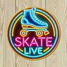 Levendig "Skate Live" Neonbord - Kleurrijke rolschaatsen en skateboards ontwerp Ronde houten wandkunst met ophangbeugel, geschikt voor thuis, slaapkamer, garagedecoratie, geweldig voor kamerdecoratie, willekeurig gatontwerp