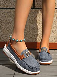 Women Platform Low Top Loafers, Casual Solid Color Round Toe Belt Buckle Moccasin Boat Shoes - Dusty Blue - View 5