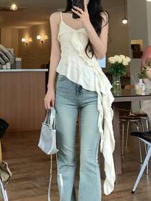 Vintage Asymmetrical Ruffle Patchwork Distressed Camisole Tank Top For Women, Summer - Apricot - View 3