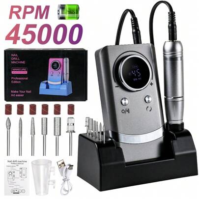 Professional Rechargeable 45000 RPM Nail Art Drill, Portable Electric File, Acrylic Gel Abrasive Tool With 6 Drill Bits And Sanding Belts For Manicure And Pedicure Sculpting And Polishing Professional Electric Nail Drill For Acrylic Nails Professional Kit With Holder To Hold The Sanding Head