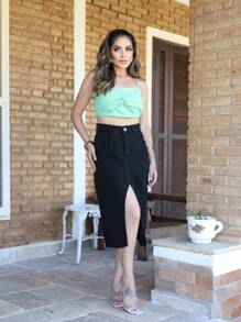 New Women's Slit Denim Skirt With Belt - 黑色 - 查看 2