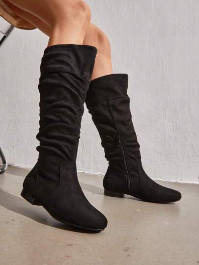 Women's Winter Warm Wide-Calf Knee-High Boots Faux Fur Lined Side-Zip Square-Toe Block-Heel Leather Slouch Boots