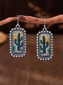 1 对 MONLOTTI 复古西式乡村方形仙人掌图案流苏耳环，波西米亚风格女士珠宝配饰，日常/派对佩戴/礼物