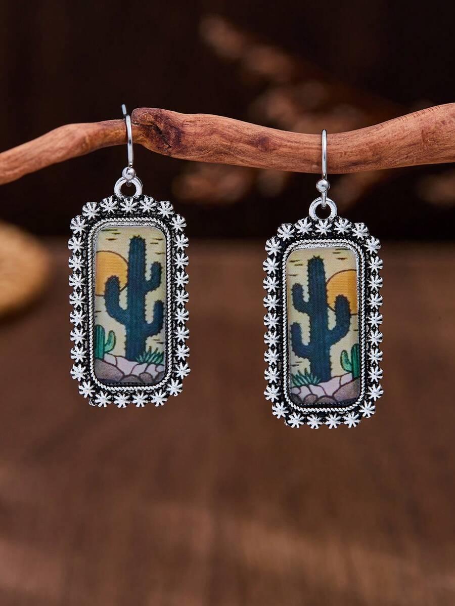 1 对 MONLOTTI 复古西式乡村方形仙人掌图案流苏耳环，波西米亚风格女士珠宝配饰，日常/派对佩戴/礼物