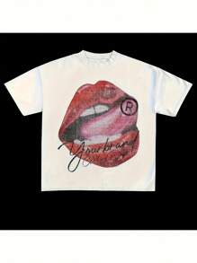 Men's High-Quality 100% Cotton Street Style T-Shirt With Lip And Letter Printed Patterns, Weighing 220 Grams. High Quality, Comfortable, Versatile, Soft, Breathable Summer Short Sleeved Top - 白色 - 查看 2