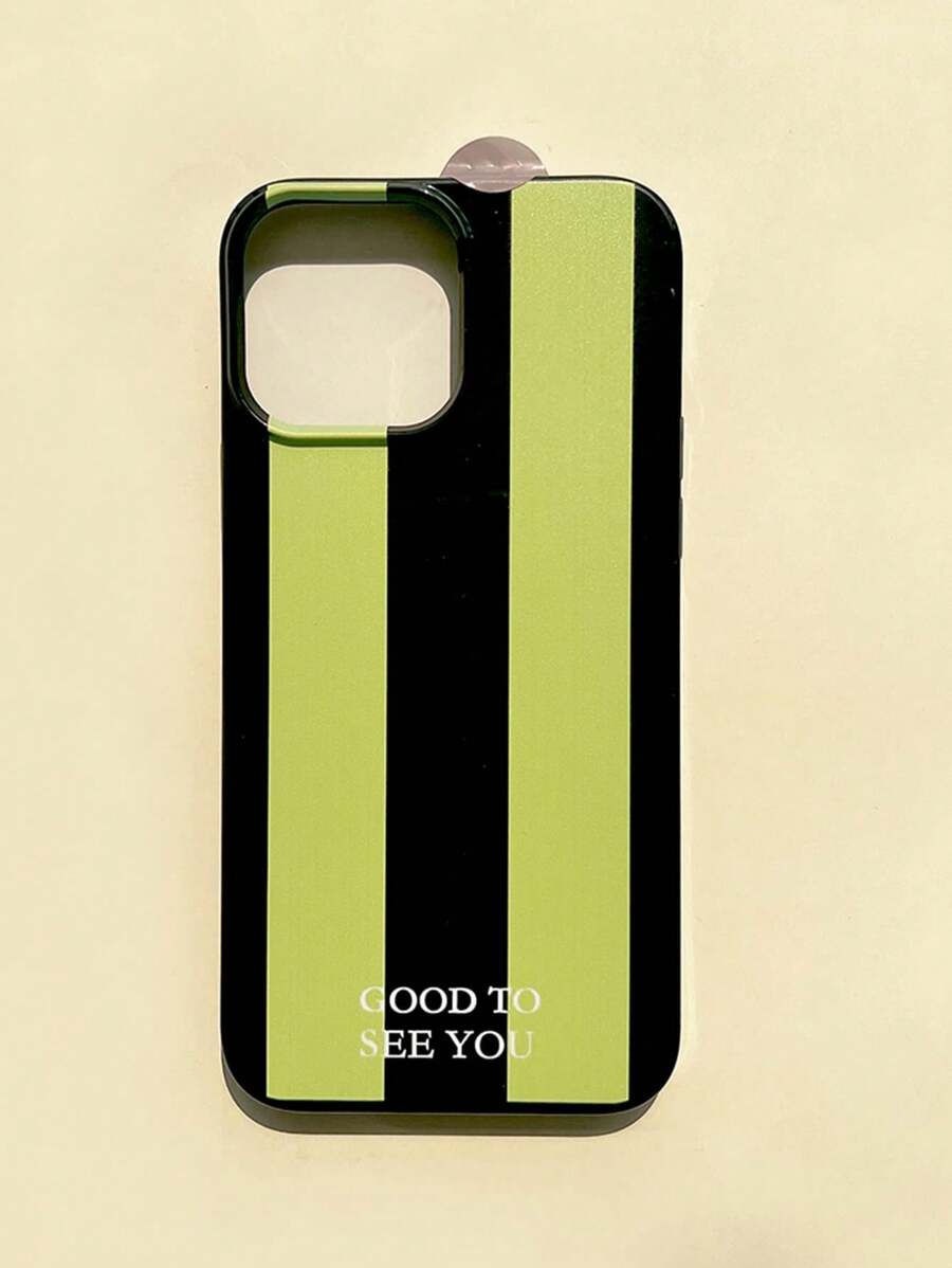 1pc Glossy Black Striped Phone Case Compatible With IPhone 16, 16 Plus, 16 Pro, 16 Pro Max Waterproof Shockproof Anti-Fall Scratch Resistant - Green - View 1