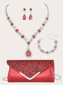 Bộ 4 vòng cổ đính đá Rhinestone màu đỏ, phù hợp với túi xách váy dạ hội bằng kim loại đính đá Rhinestone của phụ nữ, bộ vòng cổ, vòng tay, hoa tai cưới của cô dâu, phù hợp cho các bữa tiệc, đám cưới, khiêu vũ, bữa tối/bộ trang sức tiệc, quà tặng ngày lễ - Đỏ - Xem 1