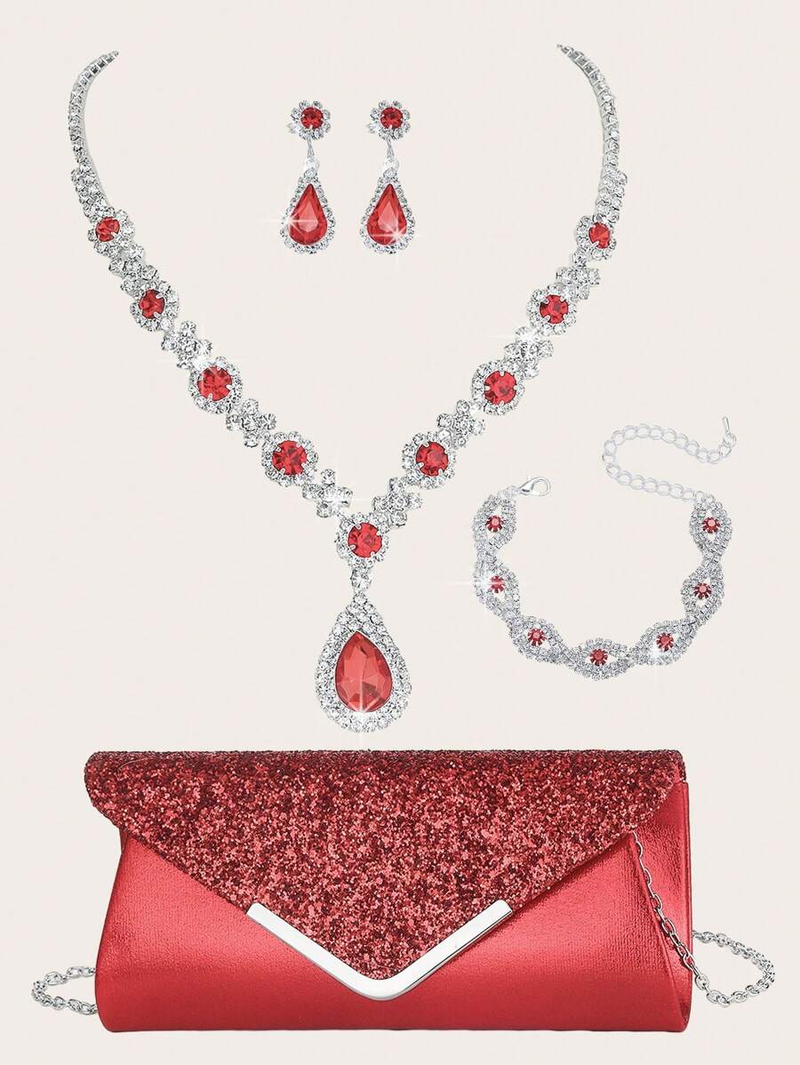 Bộ 4 vòng cổ đính đá Rhinestone màu đỏ, phù hợp với túi xách váy dạ hội bằng kim loại đính đá Rhinestone của phụ nữ, bộ vòng cổ, vòng tay, hoa tai cưới của cô dâu, phù hợp cho các bữa tiệc, đám cưới, khiêu vũ, bữa tối/bộ trang sức tiệc, quà tặng ngày lễ - Đỏ - Xem 1
